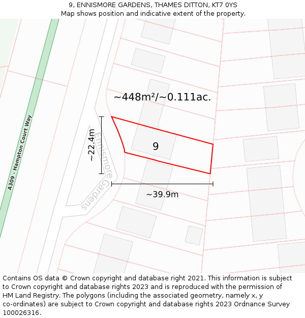 9, ENNISMORE GARDENS, THAMES DITTON, KT7 0YS: Plot and title map