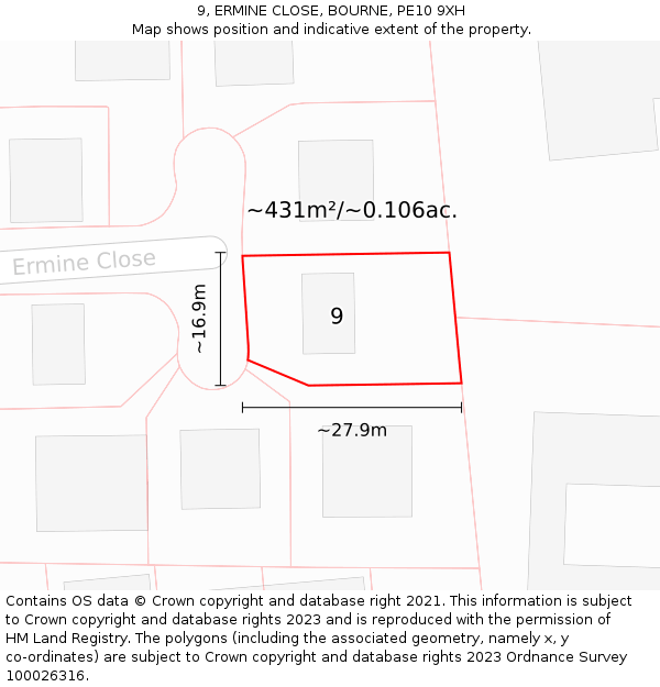 9, ERMINE CLOSE, BOURNE, PE10 9XH: Plot and title map