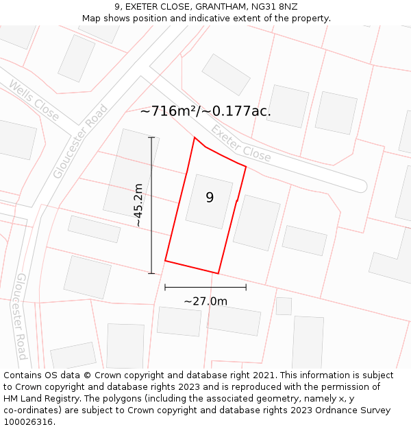 9, EXETER CLOSE, GRANTHAM, NG31 8NZ: Plot and title map