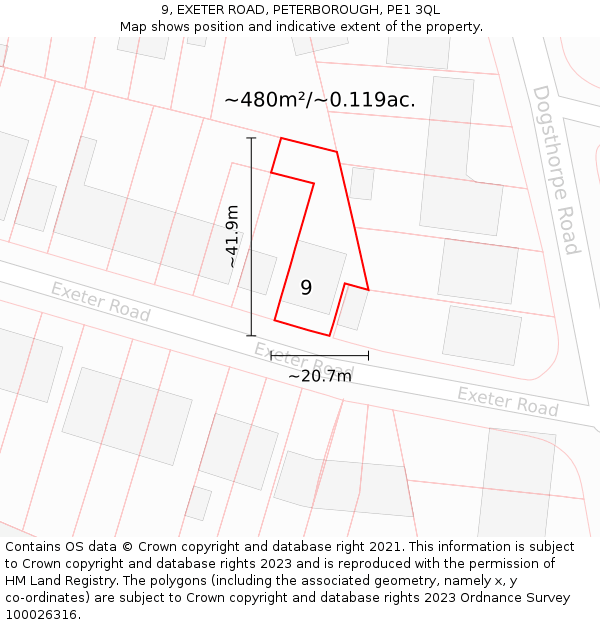 9, EXETER ROAD, PETERBOROUGH, PE1 3QL: Plot and title map