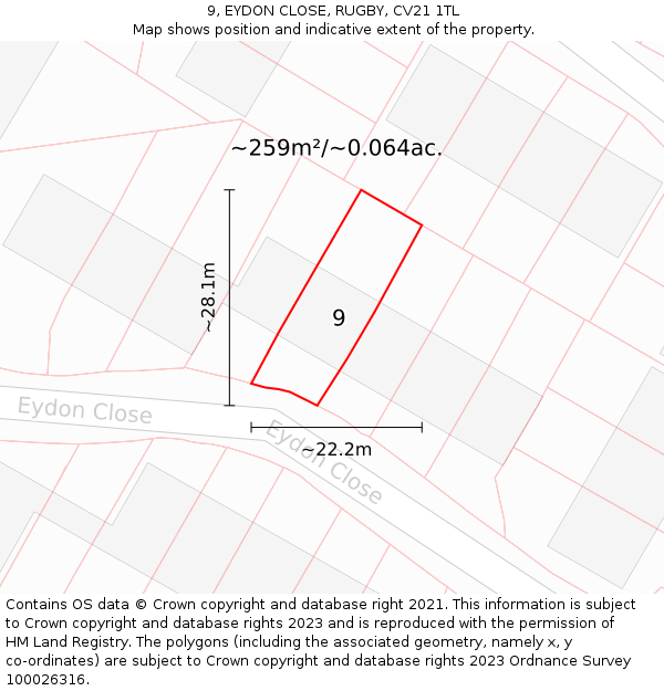 9, EYDON CLOSE, RUGBY, CV21 1TL: Plot and title map
