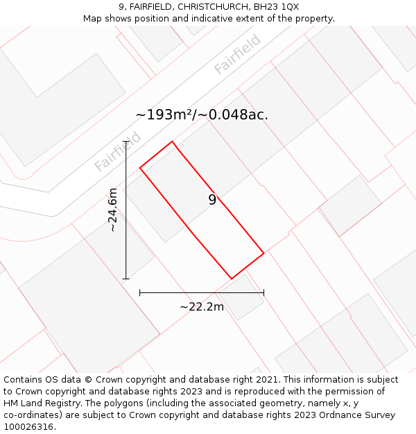 9, FAIRFIELD, CHRISTCHURCH, BH23 1QX: Plot and title map