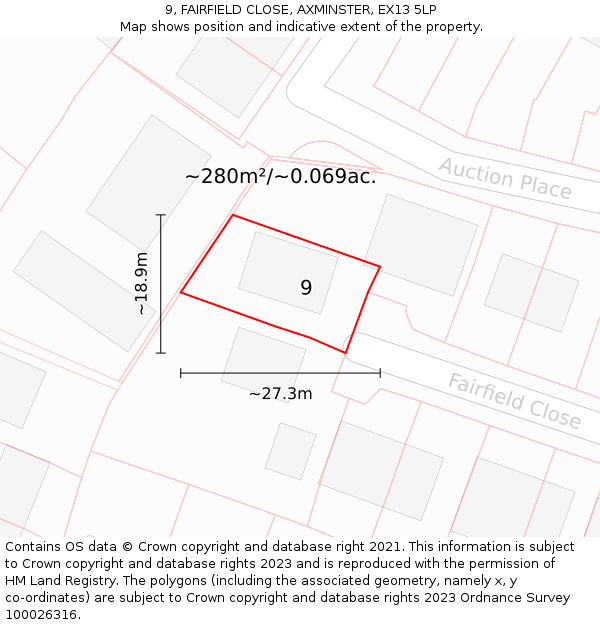 9, FAIRFIELD CLOSE, AXMINSTER, EX13 5LP: Plot and title map