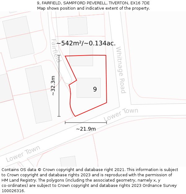 9, FAIRFIELD, SAMPFORD PEVERELL, TIVERTON, EX16 7DE: Plot and title map