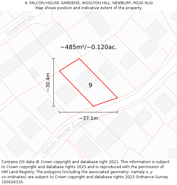 9, FALCON HOUSE GARDENS, WOOLTON HILL, NEWBURY, RG20 9UQ: Plot and title map