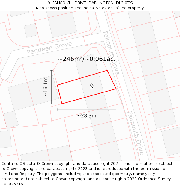 9, FALMOUTH DRIVE, DARLINGTON, DL3 0ZS: Plot and title map