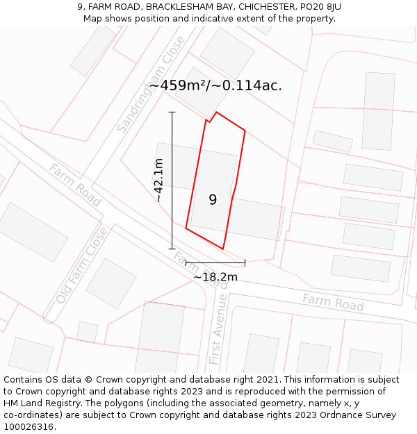 9, FARM ROAD, BRACKLESHAM BAY, CHICHESTER, PO20 8JU: Plot and title map