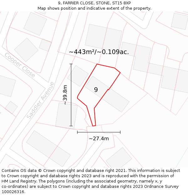 9, FARRIER CLOSE, STONE, ST15 8XP: Plot and title map