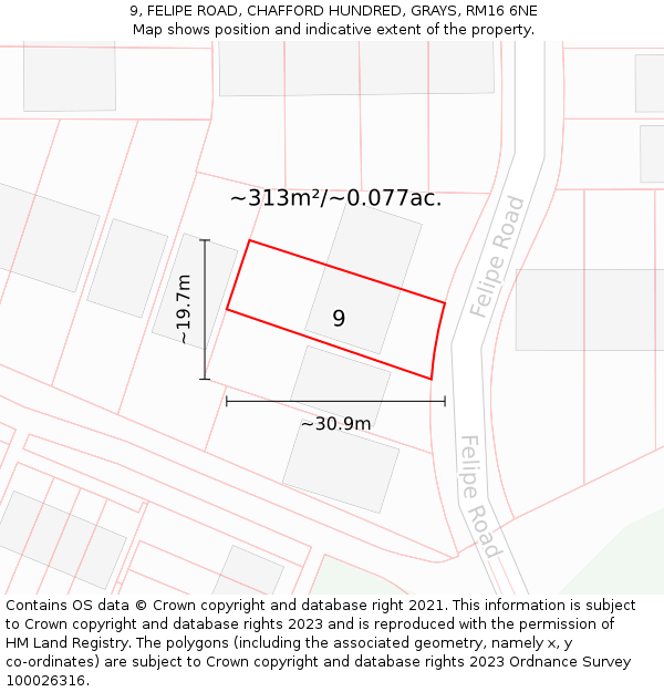 9, FELIPE ROAD, CHAFFORD HUNDRED, GRAYS, RM16 6NE: Plot and title map