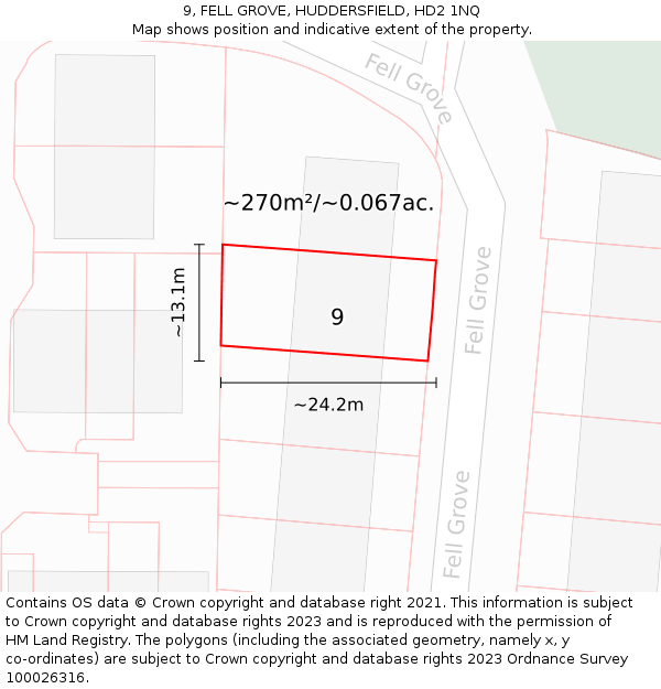 9, FELL GROVE, HUDDERSFIELD, HD2 1NQ: Plot and title map