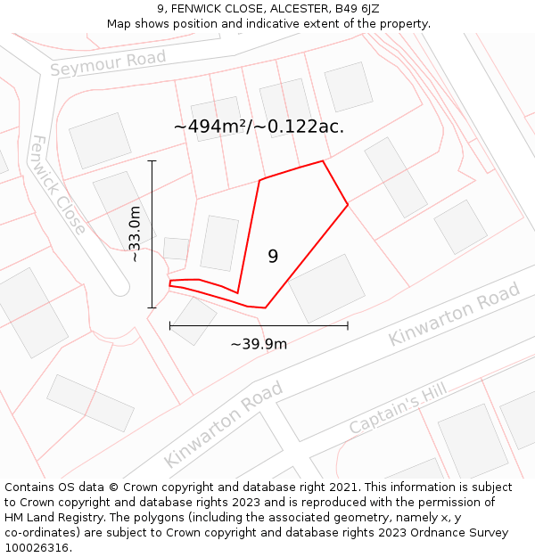 9, FENWICK CLOSE, ALCESTER, B49 6JZ: Plot and title map