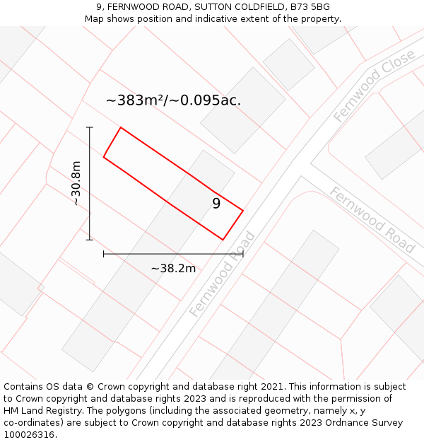 9, FERNWOOD ROAD, SUTTON COLDFIELD, B73 5BG: Plot and title map