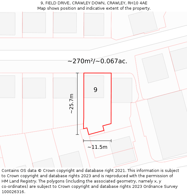 9, FIELD DRIVE, CRAWLEY DOWN, CRAWLEY, RH10 4AE: Plot and title map