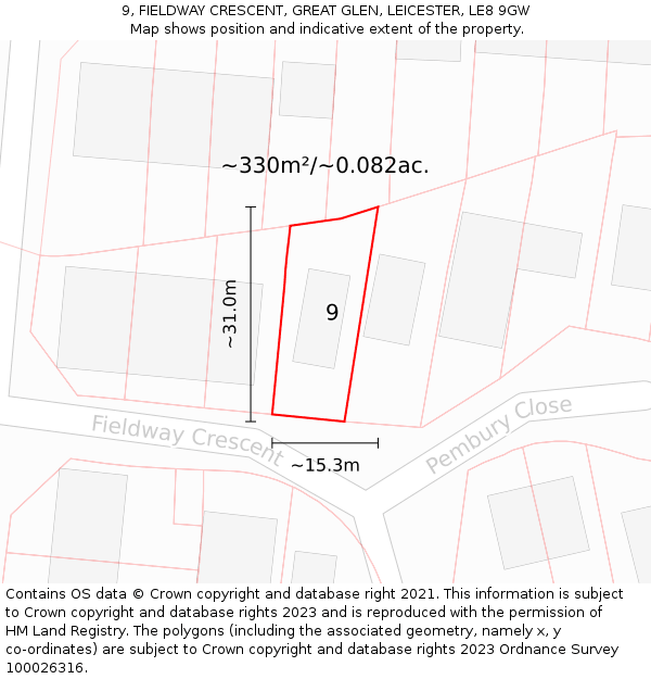 9, FIELDWAY CRESCENT, GREAT GLEN, LEICESTER, LE8 9GW: Plot and title map