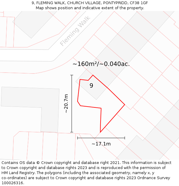 9, FLEMING WALK, CHURCH VILLAGE, PONTYPRIDD, CF38 1GF: Plot and title map