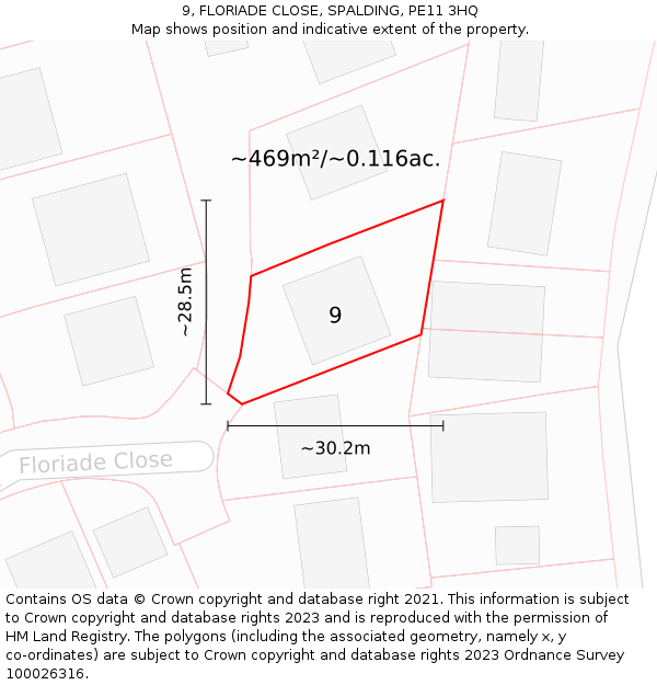 9, FLORIADE CLOSE, SPALDING, PE11 3HQ: Plot and title map