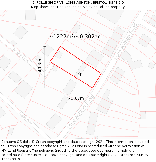 9, FOLLEIGH DRIVE, LONG ASHTON, BRISTOL, BS41 9JD: Plot and title map