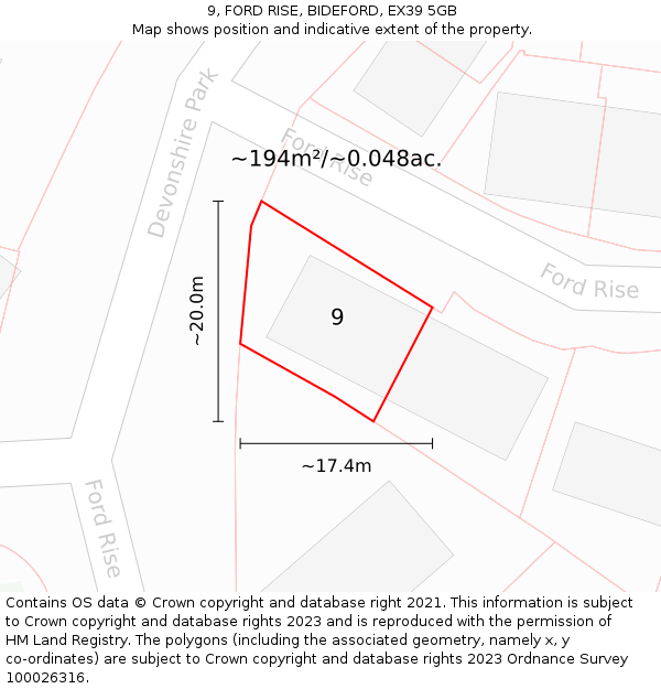 9, FORD RISE, BIDEFORD, EX39 5GB: Plot and title map