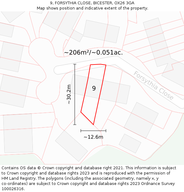 9, FORSYTHIA CLOSE, BICESTER, OX26 3GA: Plot and title map