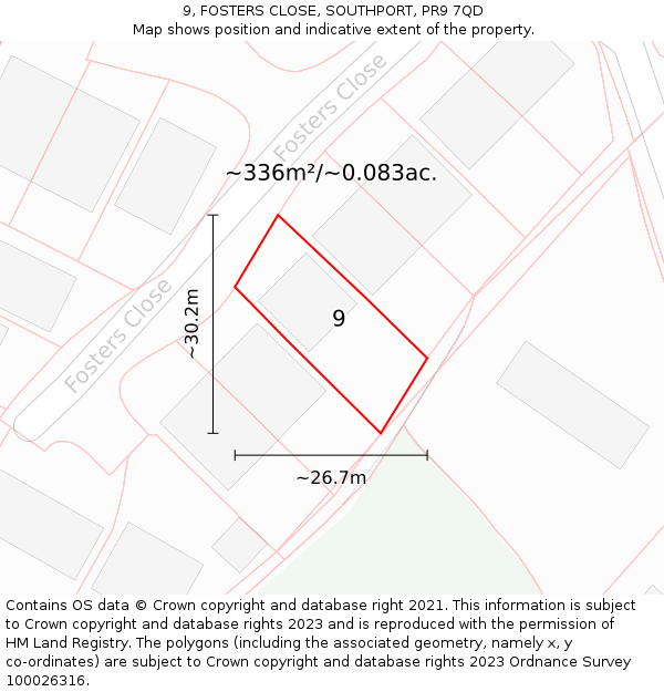 9, FOSTERS CLOSE, SOUTHPORT, PR9 7QD: Plot and title map