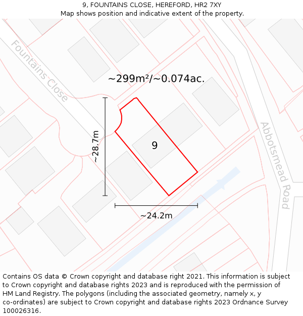9, FOUNTAINS CLOSE, HEREFORD, HR2 7XY: Plot and title map