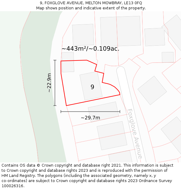 9, FOXGLOVE AVENUE, MELTON MOWBRAY, LE13 0FQ: Plot and title map