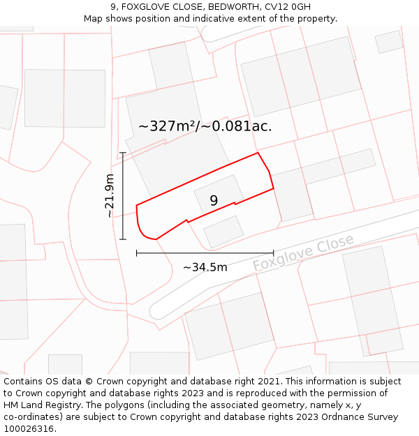9, FOXGLOVE CLOSE, BEDWORTH, CV12 0GH: Plot and title map