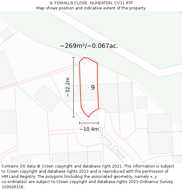 9, FOXHILLS CLOSE, NUNEATON, CV11 6TP: Plot and title map