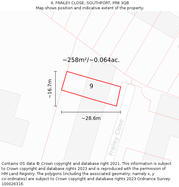 9, FRAILEY CLOSE, SOUTHPORT, PR8 3QB: Plot and title map