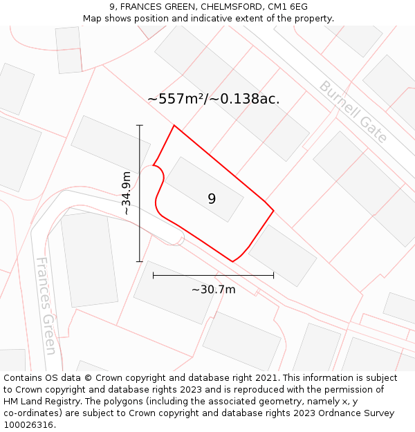 9, FRANCES GREEN, CHELMSFORD, CM1 6EG: Plot and title map