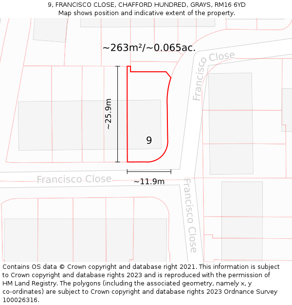 9, FRANCISCO CLOSE, CHAFFORD HUNDRED, GRAYS, RM16 6YD: Plot and title map