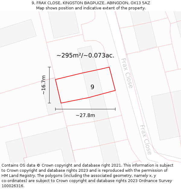 9, FRAX CLOSE, KINGSTON BAGPUIZE, ABINGDON, OX13 5AZ: Plot and title map