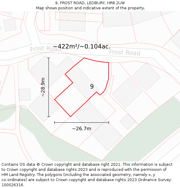 9, FROST ROAD, LEDBURY, HR8 2UW: Plot and title map