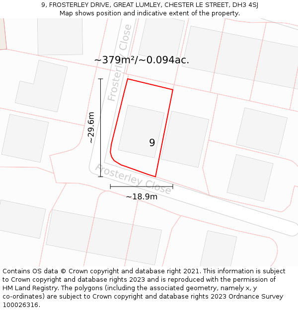 9, FROSTERLEY DRIVE, GREAT LUMLEY, CHESTER LE STREET, DH3 4SJ: Plot and title map