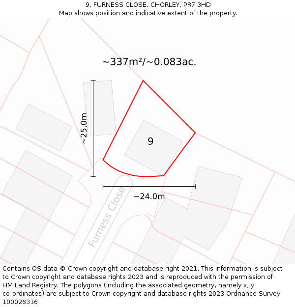 9, FURNESS CLOSE, CHORLEY, PR7 3HD: Plot and title map