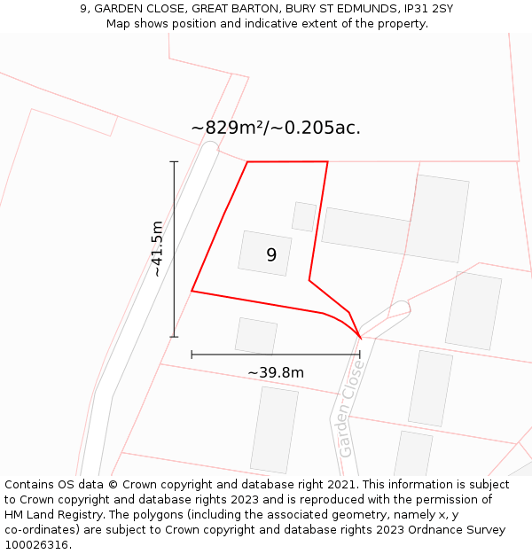 9, GARDEN CLOSE, GREAT BARTON, BURY ST EDMUNDS, IP31 2SY: Plot and title map
