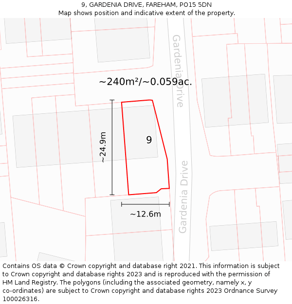 9, GARDENIA DRIVE, FAREHAM, PO15 5DN: Plot and title map