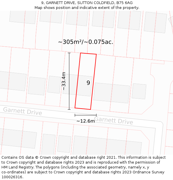 9, GARNETT DRIVE, SUTTON COLDFIELD, B75 6AG: Plot and title map