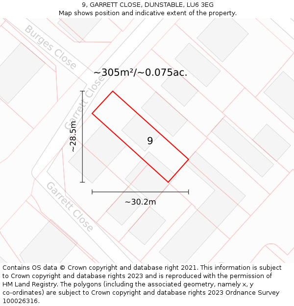 9, GARRETT CLOSE, DUNSTABLE, LU6 3EG: Plot and title map