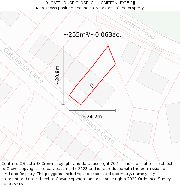 9, GATEHOUSE CLOSE, CULLOMPTON, EX15 1JJ: Plot and title map