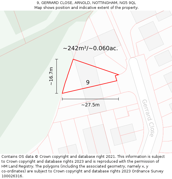 9, GERRARD CLOSE, ARNOLD, NOTTINGHAM, NG5 9QL: Plot and title map