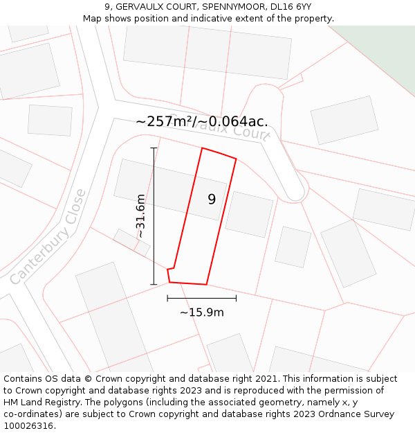 9, GERVAULX COURT, SPENNYMOOR, DL16 6YY: Plot and title map