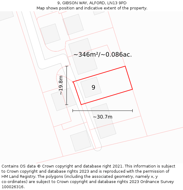 9, GIBSON WAY, ALFORD, LN13 9PD: Plot and title map