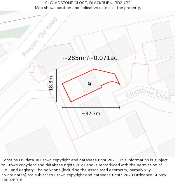 9, GLADSTONE CLOSE, BLACKBURN, BB2 4BF: Plot and title map