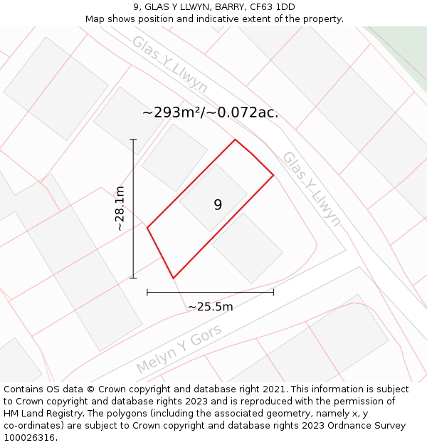 9, GLAS Y LLWYN, BARRY, CF63 1DD: Plot and title map