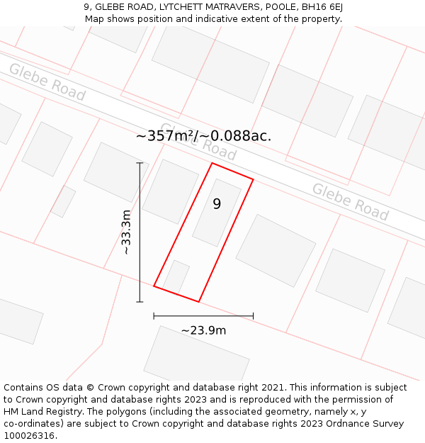 9, GLEBE ROAD, LYTCHETT MATRAVERS, POOLE, BH16 6EJ: Plot and title map