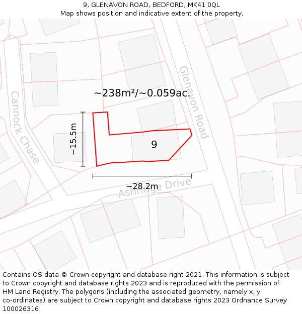 9, GLENAVON ROAD, BEDFORD, MK41 0QL: Plot and title map