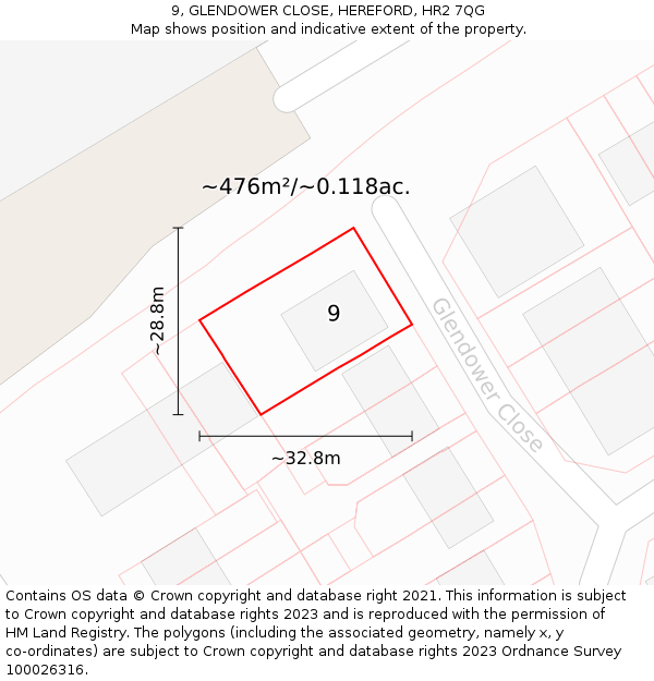 9, GLENDOWER CLOSE, HEREFORD, HR2 7QG: Plot and title map