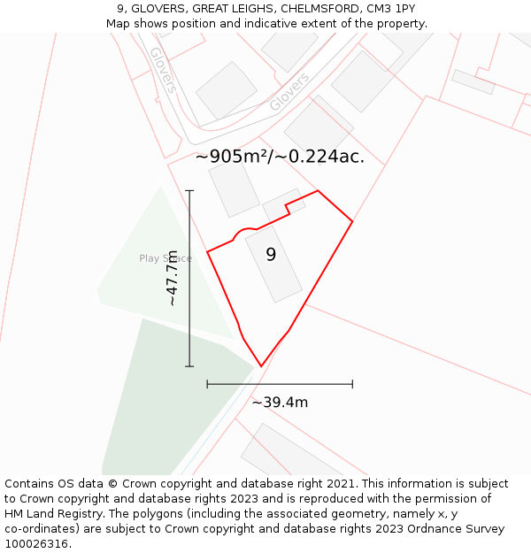 9, GLOVERS, GREAT LEIGHS, CHELMSFORD, CM3 1PY: Plot and title map