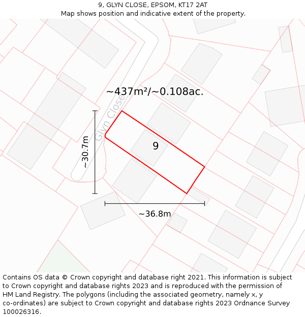 9, GLYN CLOSE, EPSOM, KT17 2AT: Plot and title map